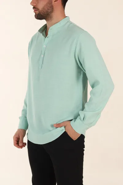 Su Yeşili Relaxed Fit Hakim Yaka Yarım Düğmeli Erkek Gömlek 369854