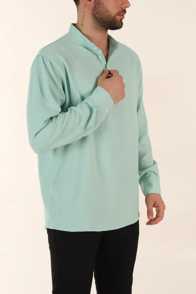 Su Yeşili Relaxed Fit Hakim Yaka Yarım Düğmeli Erkek Gömlek 369854