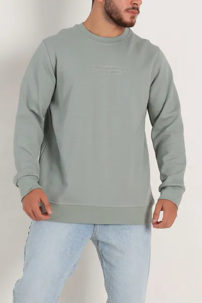 Su Yeşili Relaxed Fit İki İp Yazı Detaylı Basic Erkek Sweatshirt 299863
