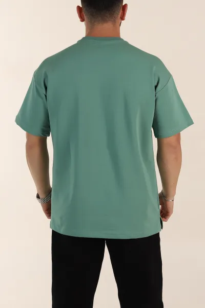 Su Yeşili Relaxed Fit İnterlok Kumaş Yazı Detaylı Erkek Tişört 359315