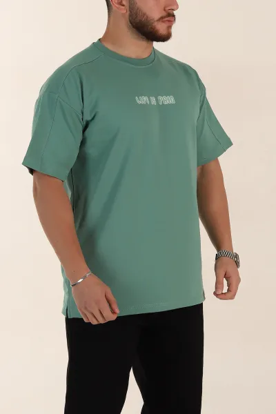 Su Yeşili Relaxed Fit İnterlok Kumaş Yazı Detaylı Erkek Tişört 359315