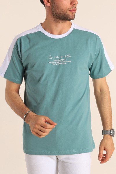 Su Yeşili Relaxed Fit Kabartma Slogan Baskılı Erkek Tişört 186586