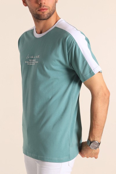 Su Yeşili Relaxed Fit Kabartma Slogan Baskılı Erkek Tişört 186586