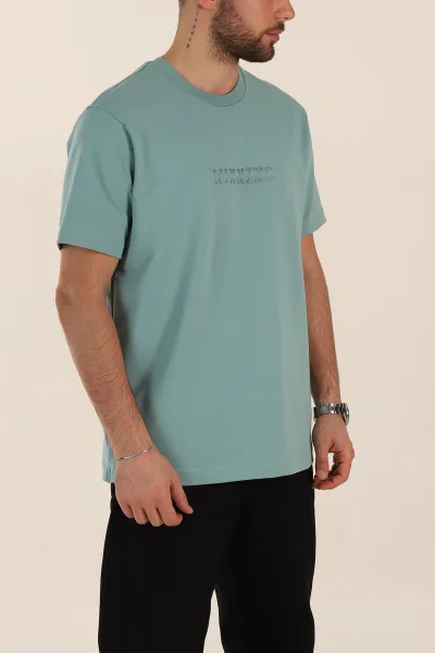 Su Yeşili Relaxed Fit Kabartma Yazı Detaylı Erkek Tişört 358506