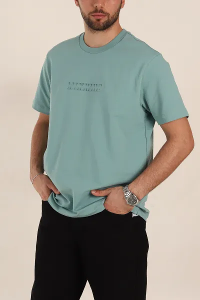 Su Yeşili Relaxed Fit Kabartma Yazı Detaylı Erkek Tişört 358506