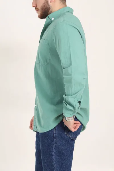 Su Yeşili Relaxed Fit Keten Cep Detaylı Erkek Gömlek 356965