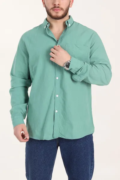 Su Yeşili Relaxed Fit Keten Cep Detaylı Erkek Gömlek 356965