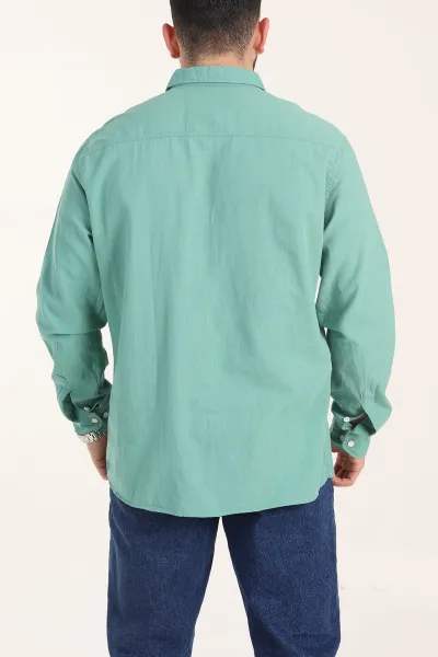 Su Yeşili Relaxed Fit Keten Cep Detaylı Erkek Gömlek 356965
