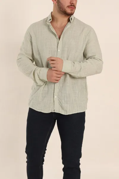Su Yeşili Relaxed Fit Keten Kare Dokulu Ata Yaka Erkek Gömlek 339181