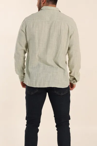 Su Yeşili Relaxed Fit Keten Kare Dokulu Ata Yaka Erkek Gömlek 339181