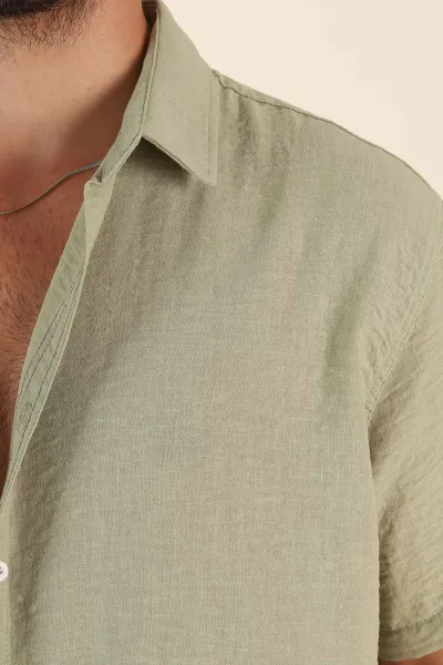 Su Yeşili Relaxed Fit Keten Kısa Kollu Erkek Gömlek 376973