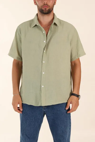 su-yesili-relaxed-fit-keten-kisa-kollu-erkek-gomlek-376973