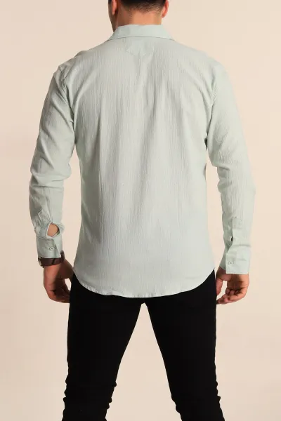 Su Yeşili Relaxed Fit Kırınkıl Keten Erkek Gömlek 256993