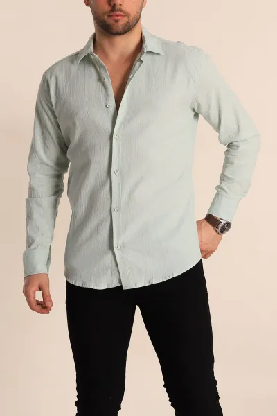 Su Yeşili Relaxed Fit Kırınkıl Keten Erkek Gömlek 256993