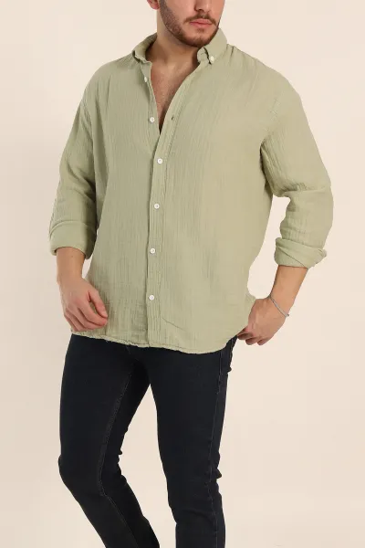 Su Yeşili Relaxed Fit Müslin Keten Ata Yaka Erkek Gömlek 339158