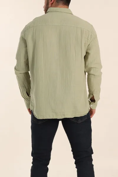 Su Yeşili Relaxed Fit Müslin Keten Ata Yaka Erkek Gömlek 339158