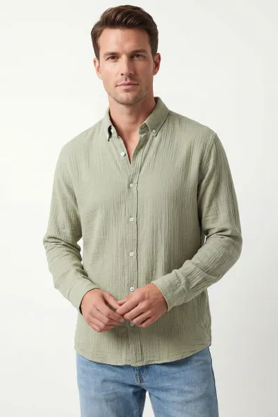 Su Yeşili Relaxed Fit Müslin Keten Ata Yaka Erkek Gömlek 435753