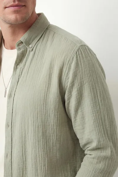 Su Yeşili Relaxed Fit Müslin Keten Ata Yaka Erkek Gömlek 435753