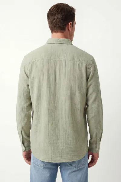 Su Yeşili Relaxed Fit Müslin Keten Ata Yaka Erkek Gömlek 435753