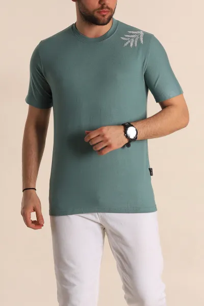 Su Yeşili Relaxed Fit Nakış Detaylı Likralı Erkek Tişört 268517