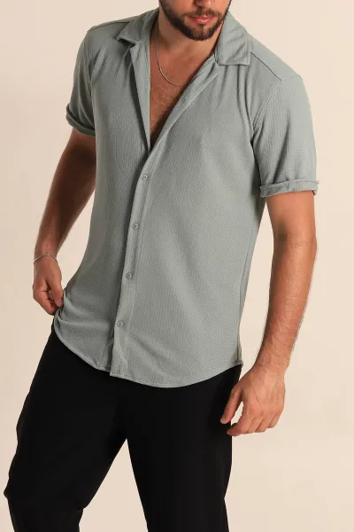 Su Yeşili Relaxed Fit Örme Duble Kısa Kollu Erkek Gömlek 275339