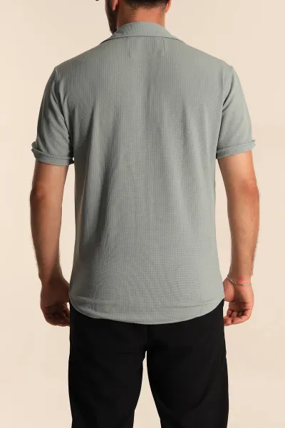 Su Yeşili Relaxed Fit Örme Duble Kısa Kollu Erkek Gömlek 275339