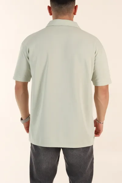 Su Yeşili Relaxed Fit Parçalı Kumaş Polo Yaka Erkek Tişört 363810
