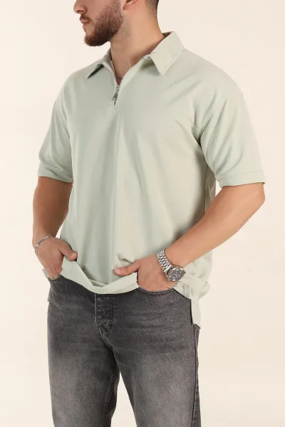 Su Yeşili Relaxed Fit Parçalı Kumaş Polo Yaka Erkek Tişört 363810