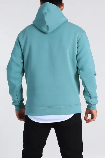 Su Yeşili Relaxed Fit Üç İp Şardonlu Kapüşonlu Basic Erkek Sweatshirt 331523