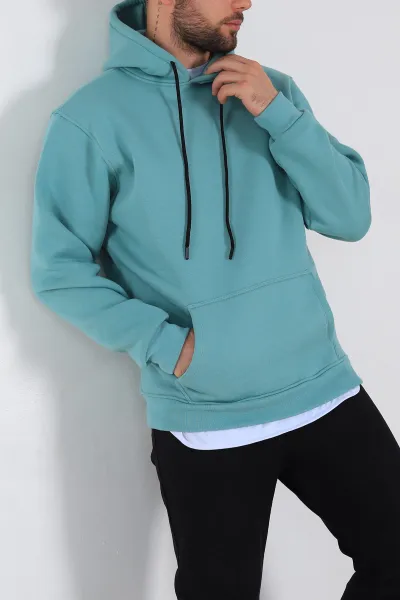Su Yeşili Relaxed Fit Üç İp Şardonlu Kapüşonlu Basic Erkek Sweatshirt 331523