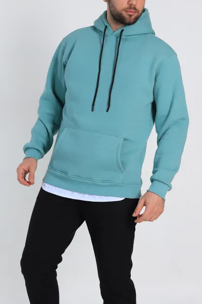 Su Yeşili Relaxed Fit Üç İp Şardonlu Kapüşonlu Basic Erkek Sweatshirt 331523
