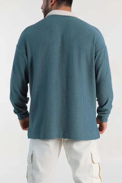 Su Yeşili Releaxed Fit Petek Dokulu Polo Yaka Erkek Sweatshirt 315816