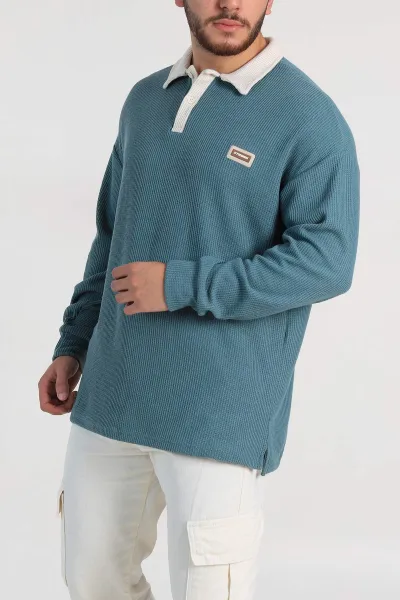 Su Yeşili Releaxed Fit Petek Dokulu Polo Yaka Erkek Sweatshirt 315816