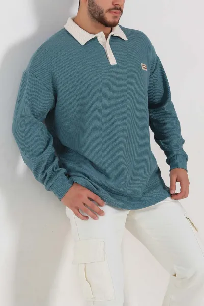Su Yeşili Releaxed Fit Petek Dokulu Polo Yaka Erkek Sweatshirt 315816