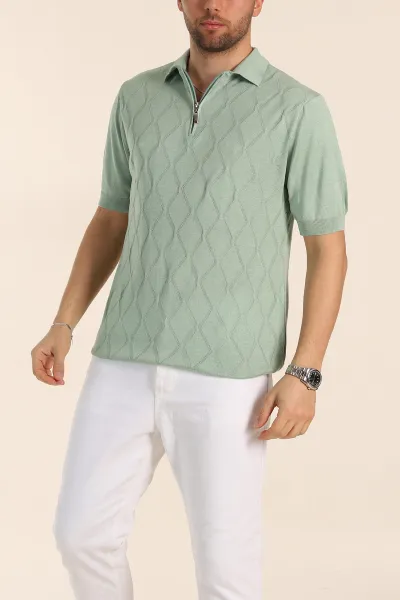 Su Yeşili Slim Fit Baklava Desenli Polo Yaka Kısa Kollu Erkek Triko Tişört 338903
