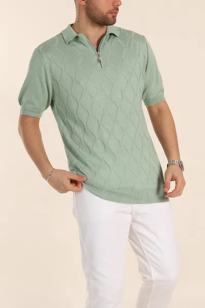 Su Yeşili Slim Fit Baklava Desenli Polo Yaka Kısa Kollu Erkek Triko Tişört 338903