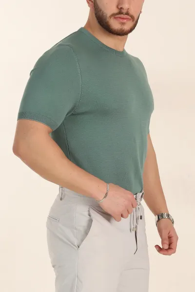 Su Yeşili Slim Fit Basic Kısa Kollu Triko Tişört 338597
