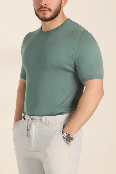 Su Yeşili Slim Fit Basic Kısa Kollu Triko Tişört 338597