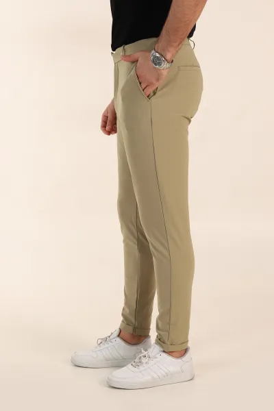 Su Yeşili Slim Fit Bel Arkası Lastikli Duble Paça Erkek Yazlık Kumaş Pantolon 365847