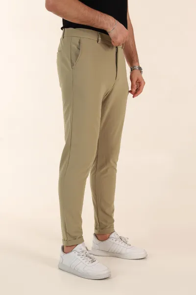 Su Yeşili Slim Fit Bel Arkası Lastikli Duble Paça Erkek Yazlık Kumaş Pantolon 365847