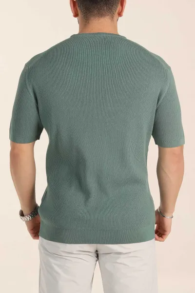 Su Yeşili Slim Fit Dokulu Basic Kısa Kollu Erkek Triko Tişört 338603