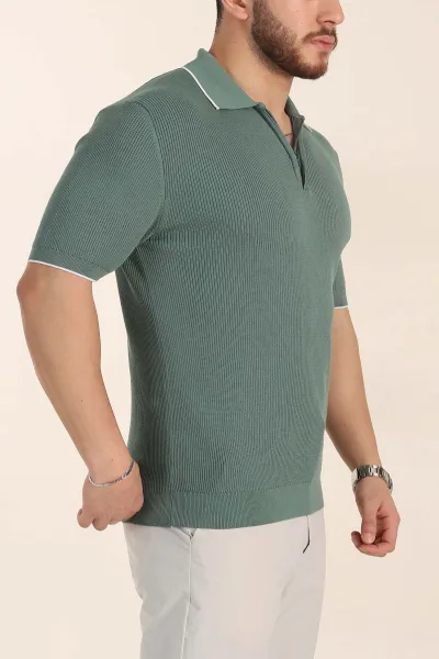 Su Yeşili Slim Fit Dokulu Fermuarlı Polo Yaka Kısa Kollu Erkek Triko Tişört 338620