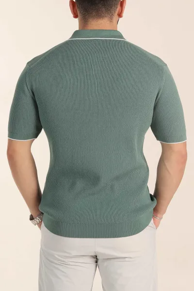 Su Yeşili Slim Fit Dokulu Fermuarlı Polo Yaka Kısa Kollu Erkek Triko Tişört 338620