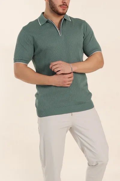 Su Yeşili Slim Fit Fermuarlı Polo Yaka Kısa Kollu Erkek Triko Tişört 338566