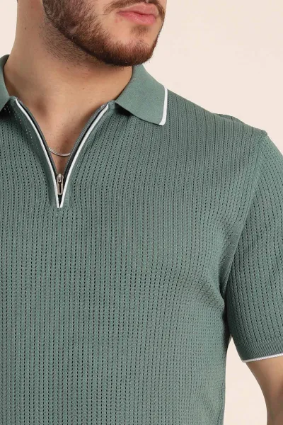 Su Yeşili Slim Fit Fermuarlı Polo Yaka Kısa Kollu Erkek Triko Tişört 338566