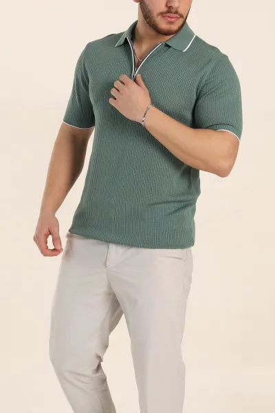 Su Yeşili Slim Fit Fermuarlı Polo Yaka Kısa Kollu Erkek Triko Tişört 338566