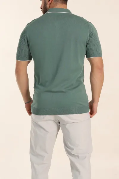 Su Yeşili Slim Fit Fermuarlı Polo Yaka Kısa Kollu Erkek Triko Tişört 338566