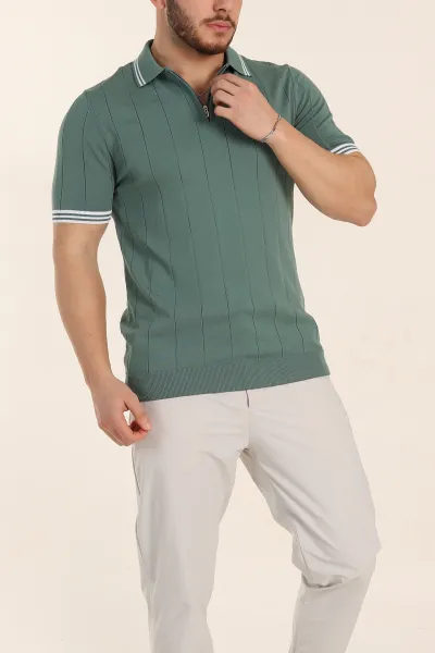 Su Yeşili Slim Fit Likralı Fermuarlı Polo Yaka Kısa Kollu Triko Tişört 338556
