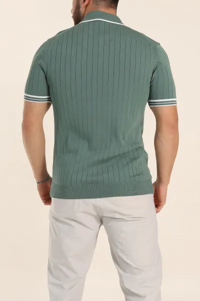 Su Yeşili Slim Fit Patlı Polo Yaka Kısa Kollu Erkek Triko Tişört 338584