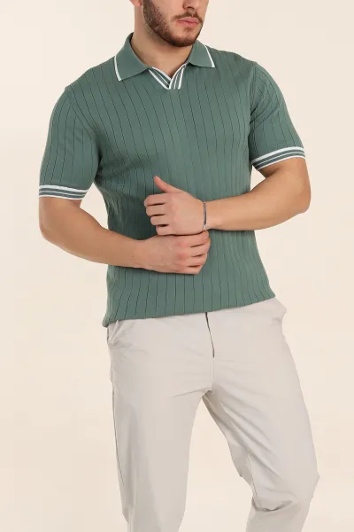 Su Yeşili Slim Fit Patlı Polo Yaka Kısa Kollu Erkek Triko Tişört 338584